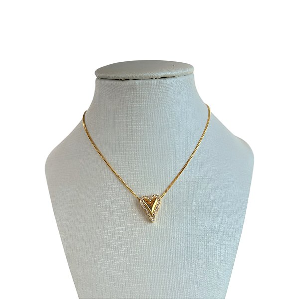 Colar Folheado Ouro 18k Coração Cravejado