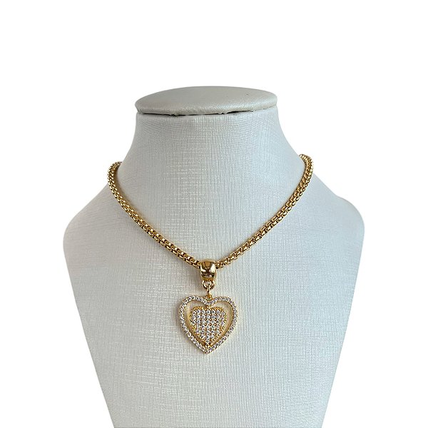 Colar Folheado Ouro 18k Correntaria Coração Cravejado