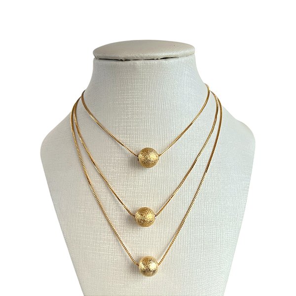 Colar Triplo Folheado Ouro 18k e Prata 925 Bolinhas Trabalhada