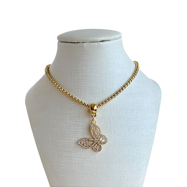 Colar Folheado Ouro 18k e Prata 925 Correntaria Borboleta Cravejada