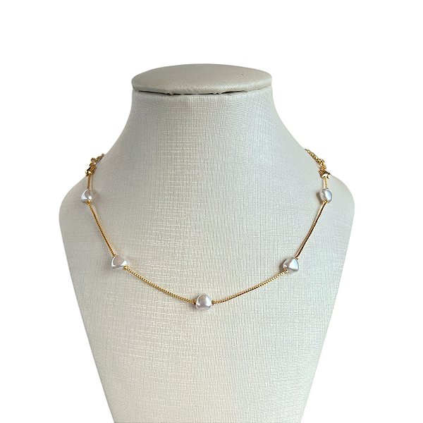 Choker Folheada Ouro 18k e Prata 925 Corações Pérolas