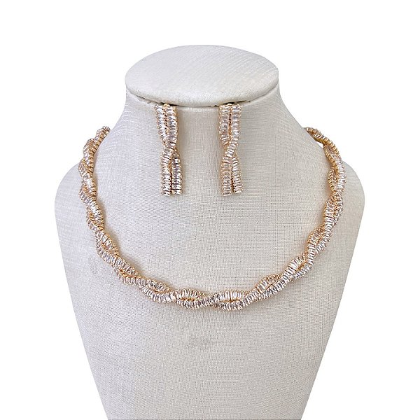 Conjunto Folheado Ouro 18k e Prata 925 Riviera Torcida Cravejada