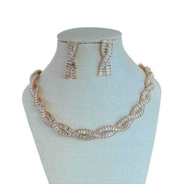 Conjunto Folheado Ouro 18k e Prata 925 Riviera Torcida Cravejada