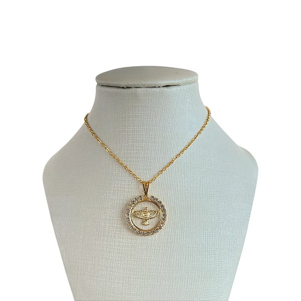 Colar Folheado Ouro 18k e Prata 925 Espírito Santo Strass