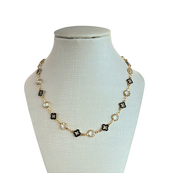 Colar Folheada Ouro 18k Trevos e Cristais