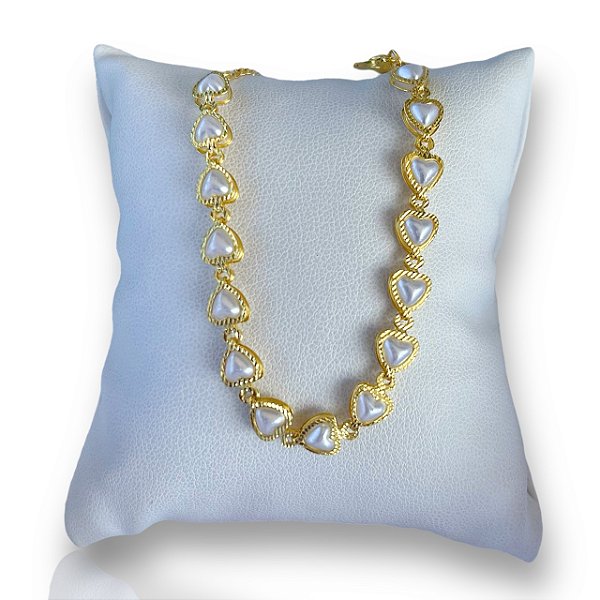 Pulseira Folheada Ouro 18k e Prata 925 Corações Pérolas