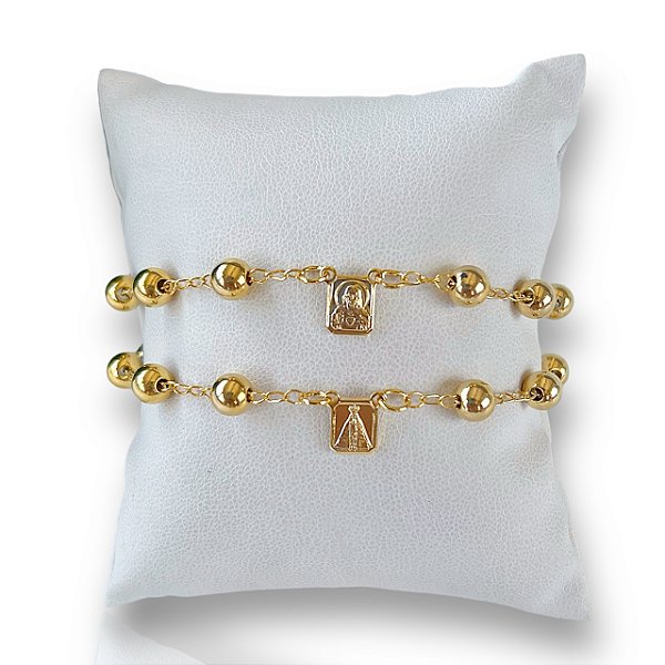 Pulseira Folheada Ouro 18k e Prata 925 Dupla Nossa Senhora Cristais