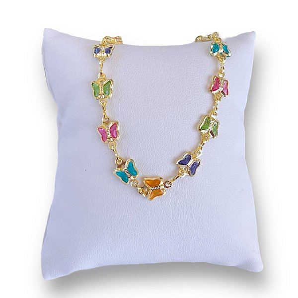 Pulseira Folheada Ouro 18k e Prata 925 Borboletas Cristais