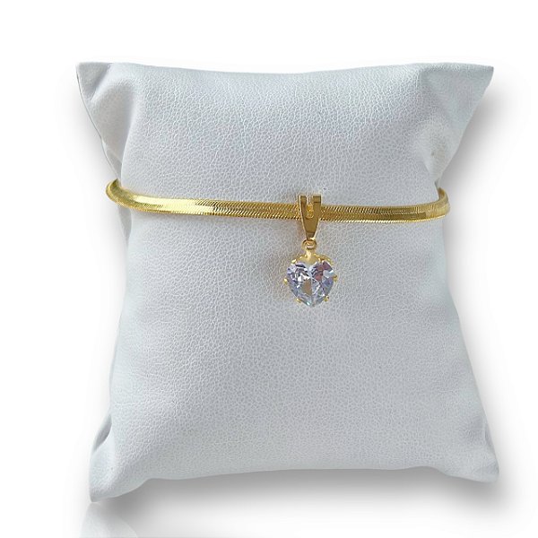 Pulseira Folheada Ouro 18k e Prata 925 Fita Laminada Coração Ponto de Luz