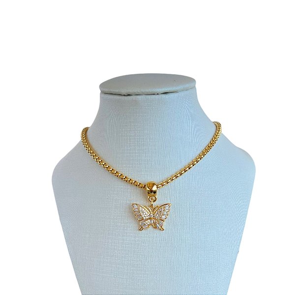 Colar Folheado Ouro 18k e Prata 925 Correntaria Borboleta Cravejada