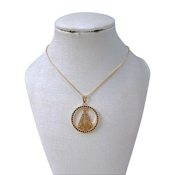 Colar Folheado Ouro 18k Mandala Nossa Senhora Cravejada