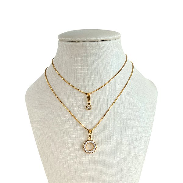 Colar Duplo Folheado Ouro 18k Mandala Cravejada