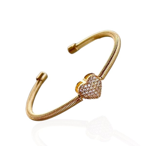 Bracelete Folheado Ouro 18k e Prata 925 Espiral Coração Cravejado