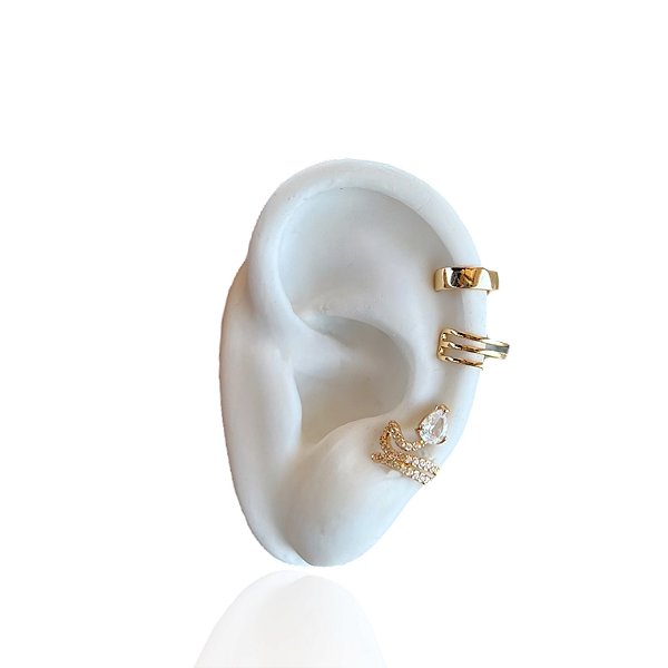 Kit 3 Piercing Fake Folheado Ouro 18k e Prata 925 Serpente Cravejada