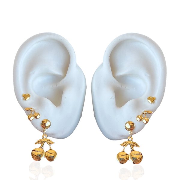 Trio Brincos Folheado Ouro 18k Cereja