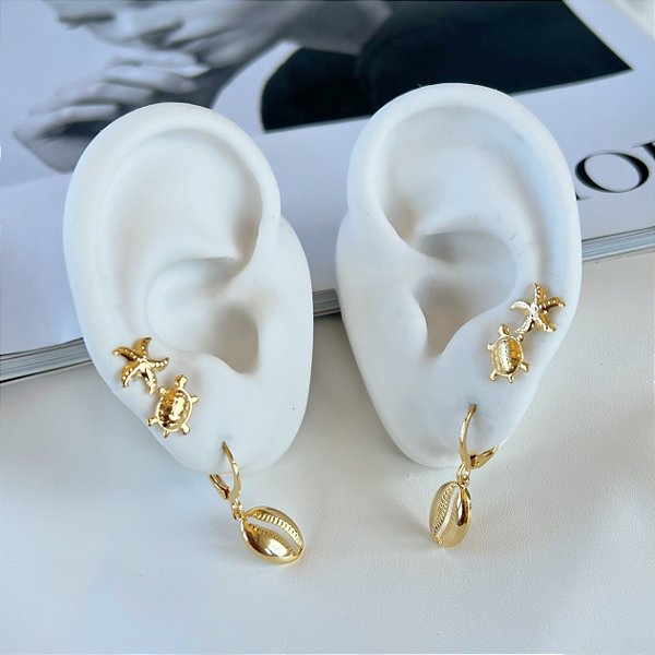 Trio Brincos Folheado Ouro 18k e Prata 925 Sereismo Búzio