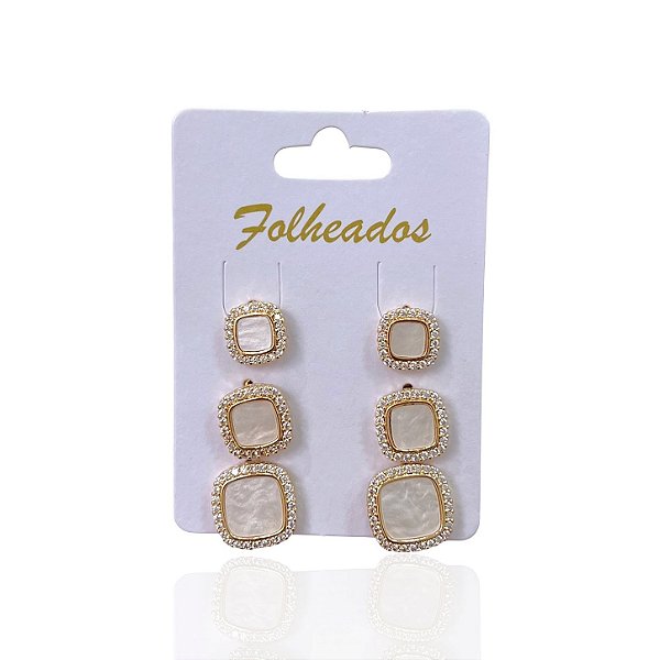 Trio Brincos Folheado Ouro 18k Quadrado Madrepérola