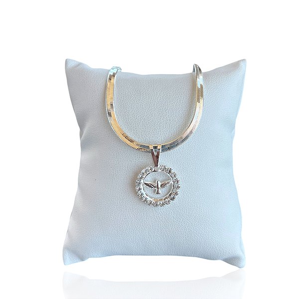 Pulseira Folheada Ouro 18k e Prata 925 Fita Laminada Espírito Santo Strass
