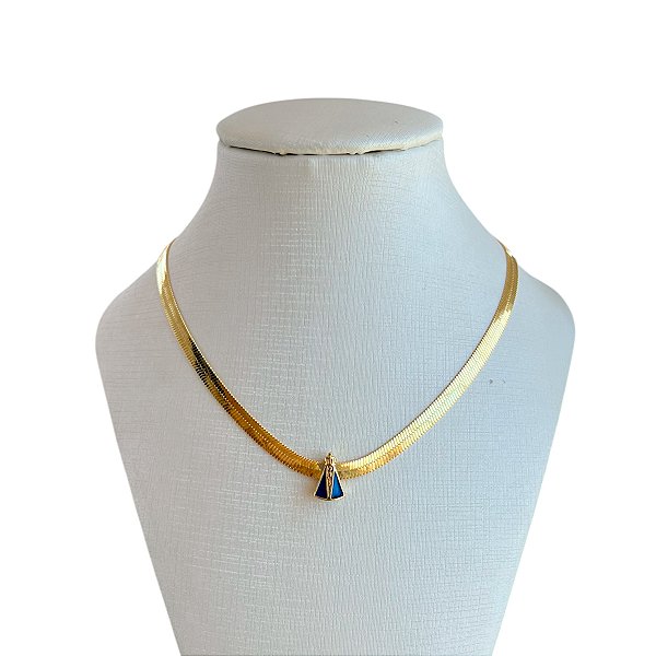 Choker Folheada Ouro 18k Fita Laminada Nossa Senhora Resinada