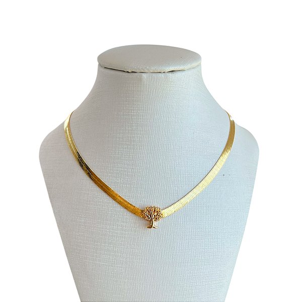 Choker Folheada Ouro 18k Fita Laminada Árvore da Vida