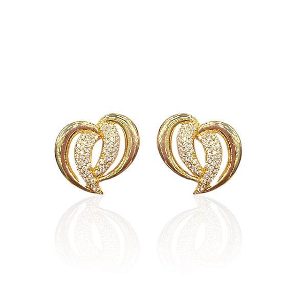 Brinco Folheado Ouro 18k e Prata 925 Coração Cravejado