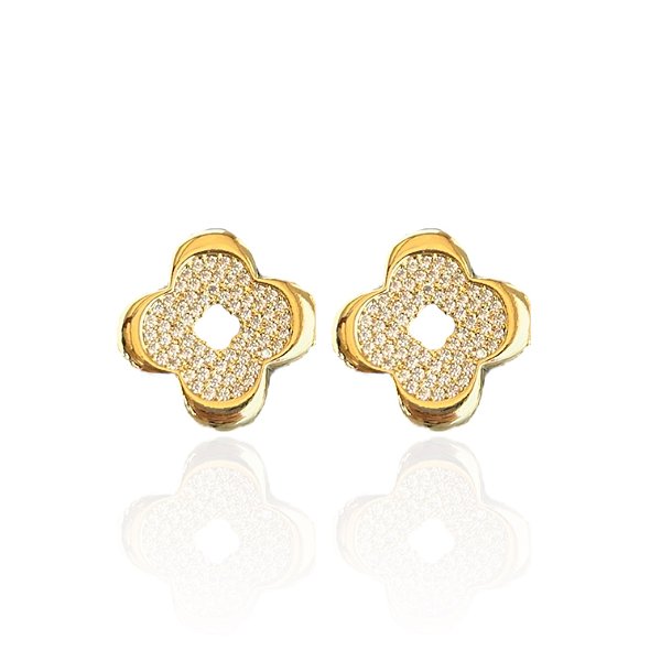 Brinco Folheado Ouro 18k e Prata 925 Trevo Cravejado