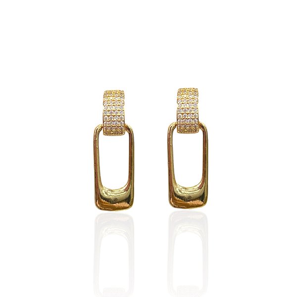 Brinco Folheado Ouro 18k e Prata 925 Quadrado Cravejado