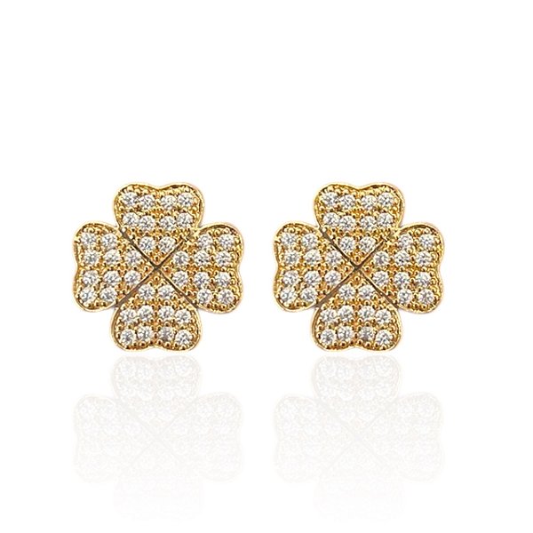 Brinco Folheado Ouro 18k e Prata 925 Trevo Cravejado