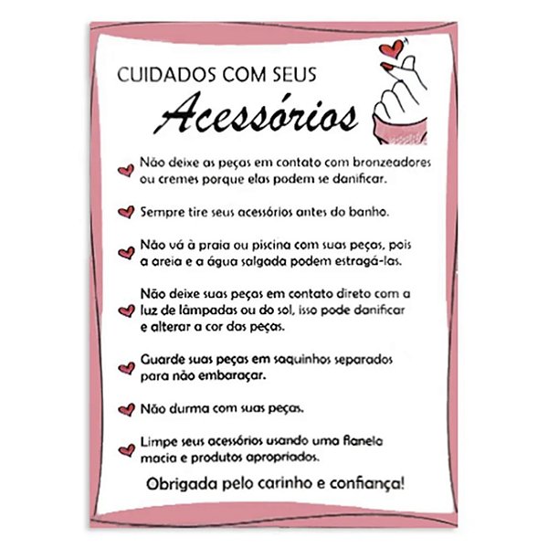 Cartão Cuidados Com as Peças  50 und