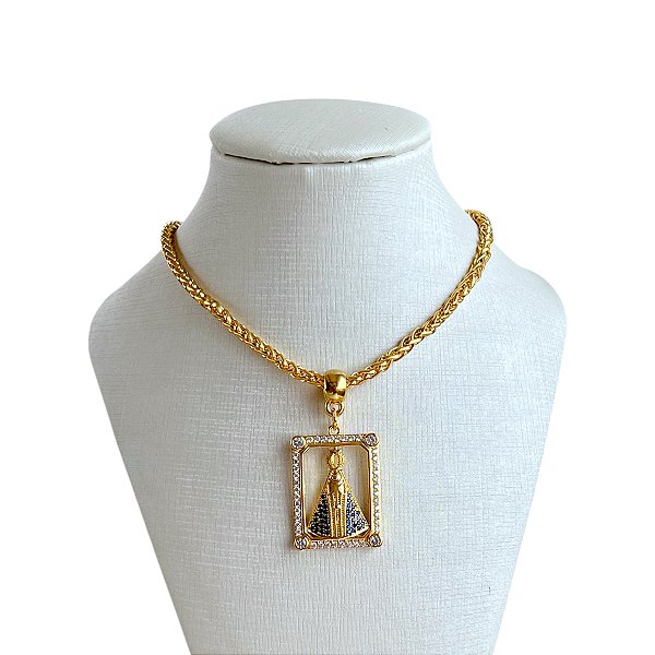 Colar Folheado Ouro 18k e Prata 925 Nossa Senhora Cravejada