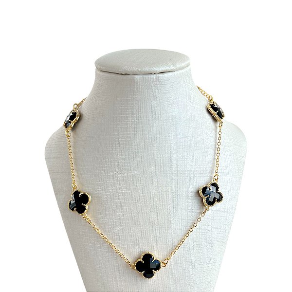 Colar Folheado Ouro 18k 5 Trevos Cristais