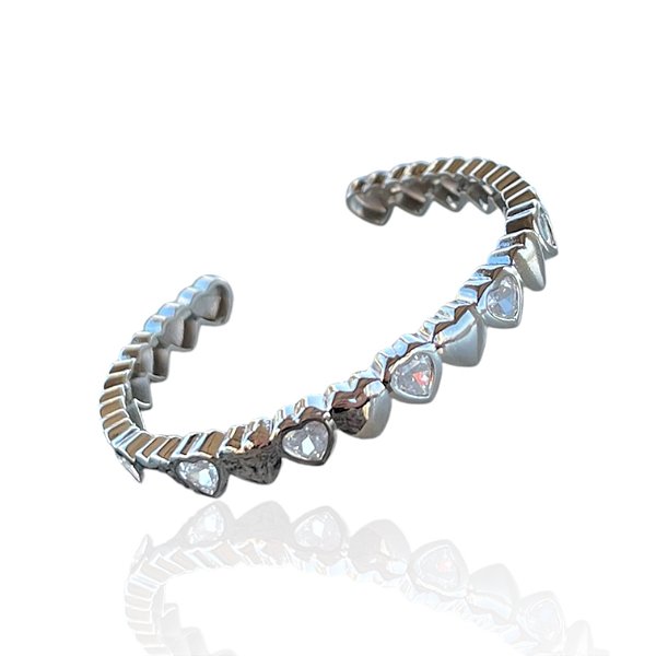 Bracelete Folheado Prata 925 Corações Cravejado