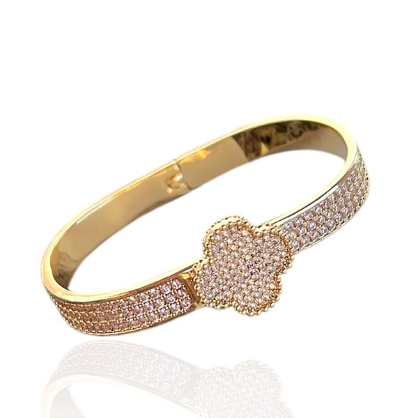 Bracelete Folheado Ouro 18k e Prata 925 Inspired Trevo Cravejado