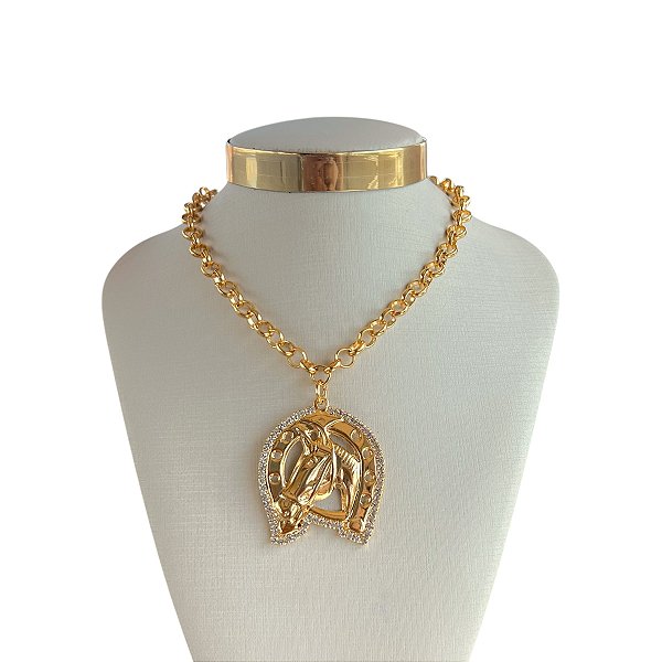 Colar Folheado Ouro 18k Correntaria Cavalo Ferradura Strass