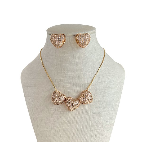 Conjunto Folheado Ouro 18k e Prata 925 Corações Cravejados