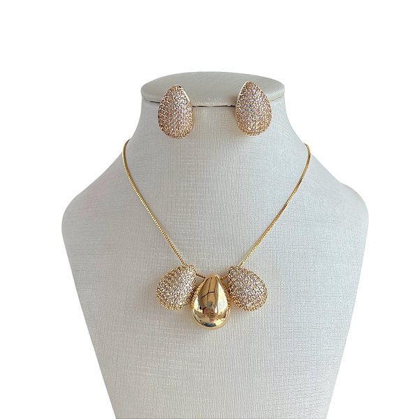 Conjunto Folheado Ouro 18k e Prata 925 Gotas Cravejadas