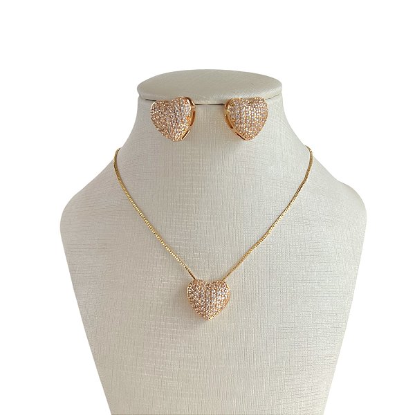Conjunto Folheado Ouro 18k e Prata 925 Coração Cravejado