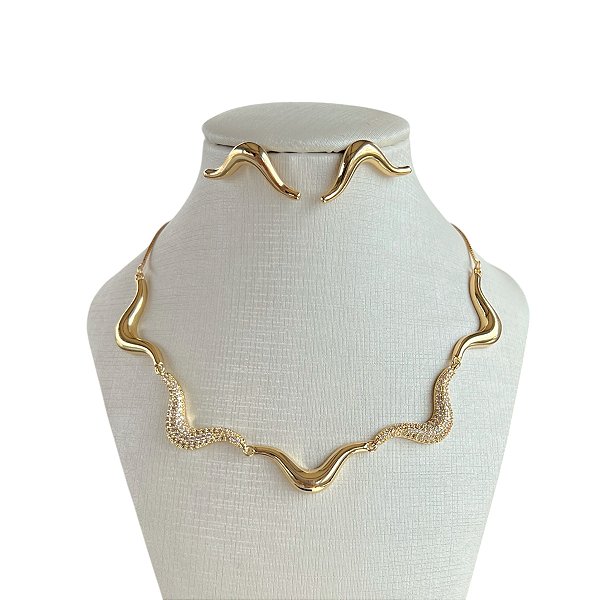 Conjunto Folheado Ouro 18k e Prata 925 Ondulado Cravejado