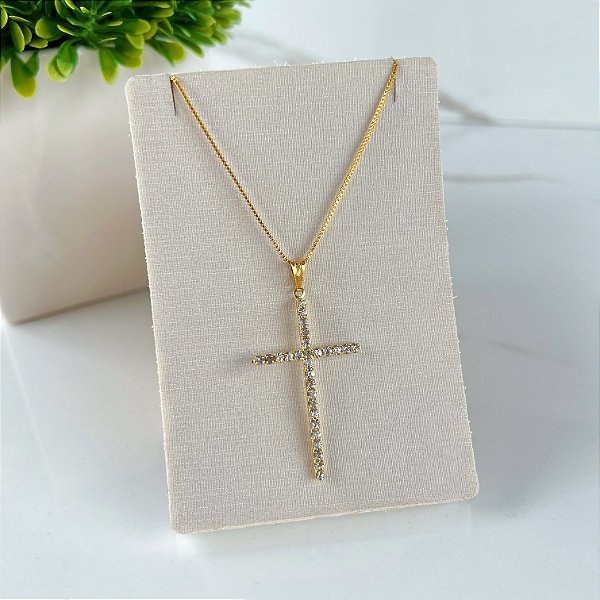 Colar Folheado Ouro 18k Cruz Strass