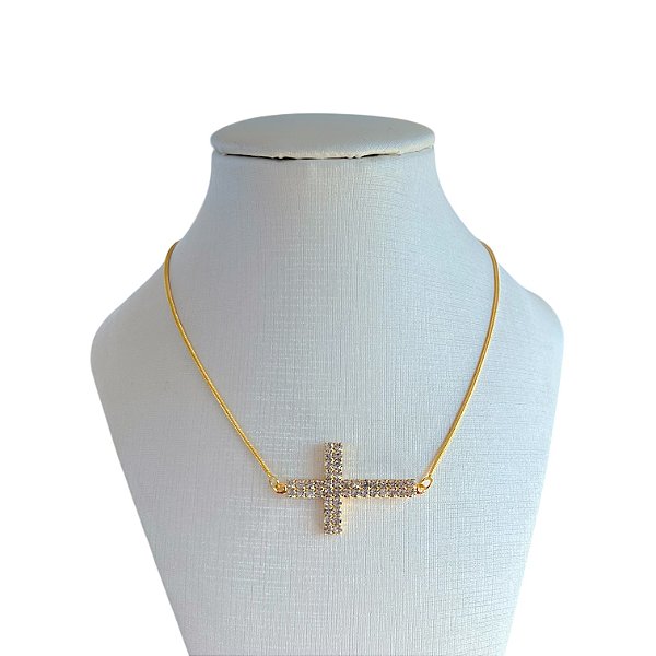 Colar Folheado Ouro 18k Cruz Cravejada