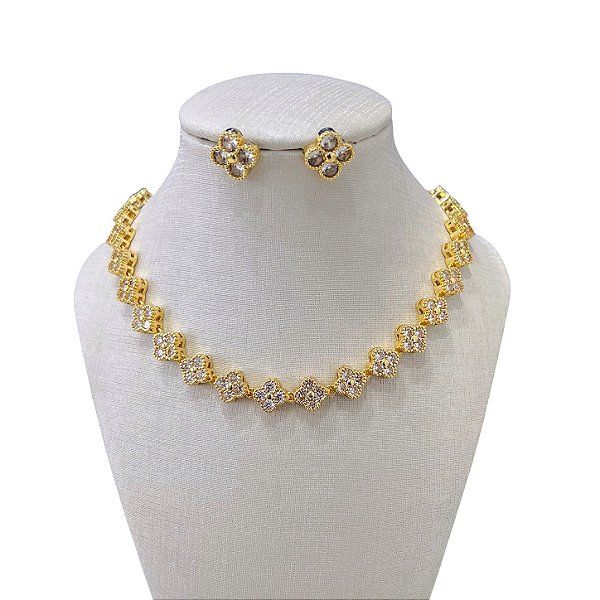 Conjunto Folheado Ouro 18k e Prata 925 Inspired Trevos Cravejado
