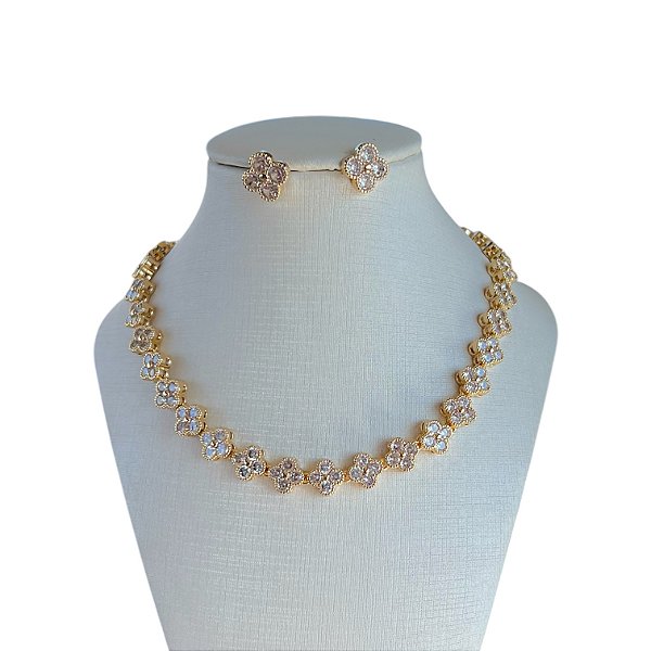 Conjunto Folheado Ouro 18k e Prata 925 Inspired Trevos Cravejado