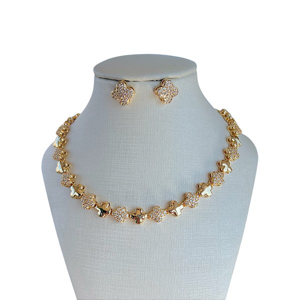 Conjunto Folheado Ouro 18k e Prata 925 Inspired Trevos Cravejado