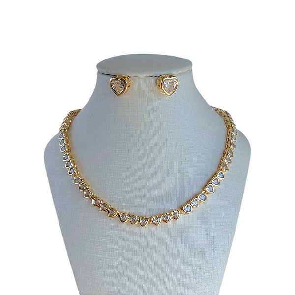 Conjunto Folheado Ouro 18k e Prata 925 Inspired Corações Cravejado