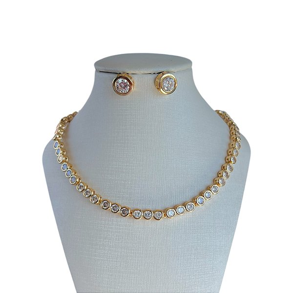 Conjunto Folheado Ouro 18k e Prata 925 Inspired Redondo Cravejado
