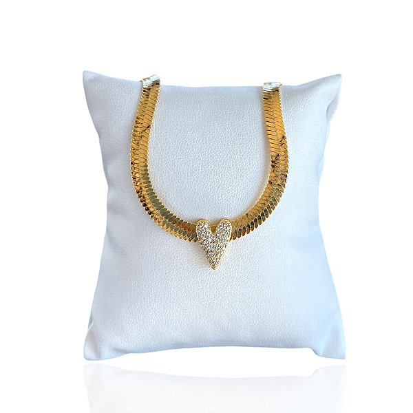 Pulseira Folheada Ouro 18k Fita Laminada Coração Cravejado