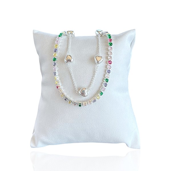 Pulseira Folheada Prata 925 Corações Riviera Colors Dupla