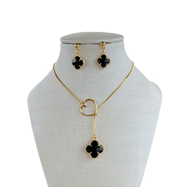 Conjunto Folheado Ouro 18k e Prata 925 Gravatinha Trevo Cristal