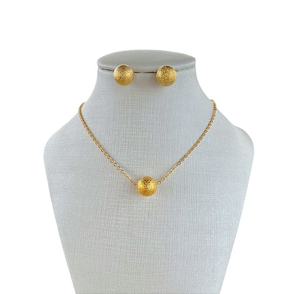Conjunto Folheado Ouro 18k e Prata 925 Bolinha Trabalhada