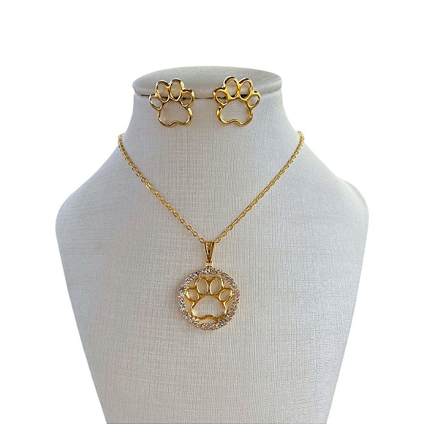 Conjunto Folheado Ouro 18k e Prata 925 Pet Strass